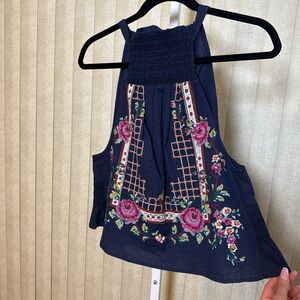 Floral Embroidered Halter Top - Navy xs nwot